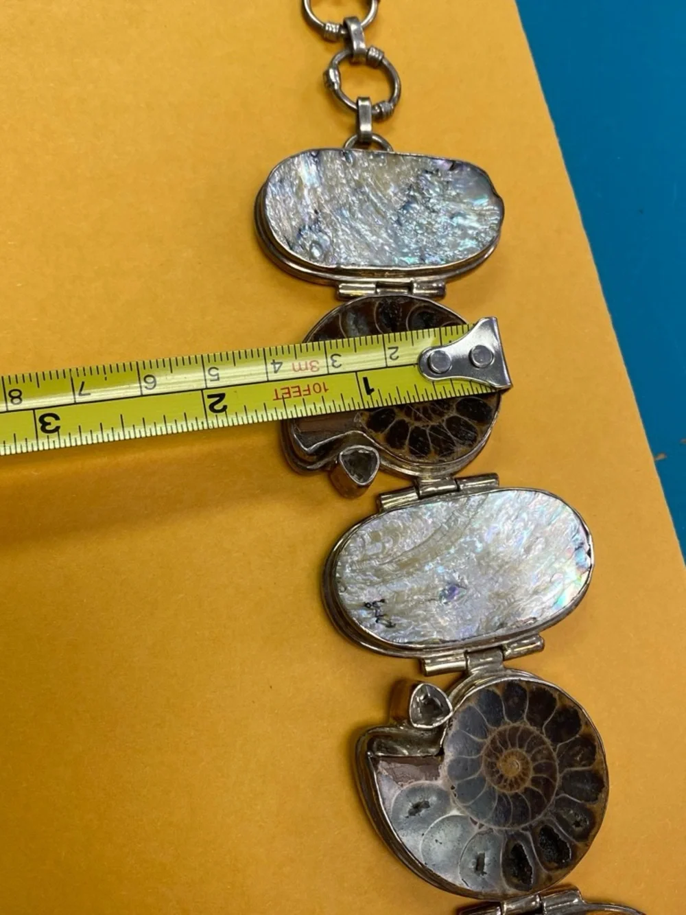Sterling Silver Ammonite and Mother-of-Pearl Statement Bracelet - Brown/White